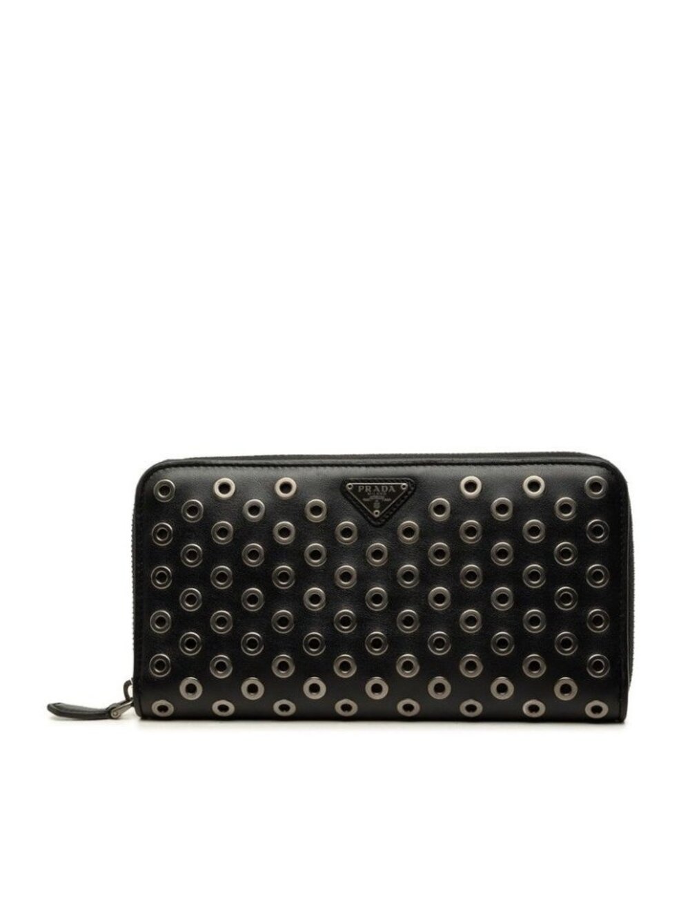 Prada Metal Perforated Zip Around Wallet Black Leather
